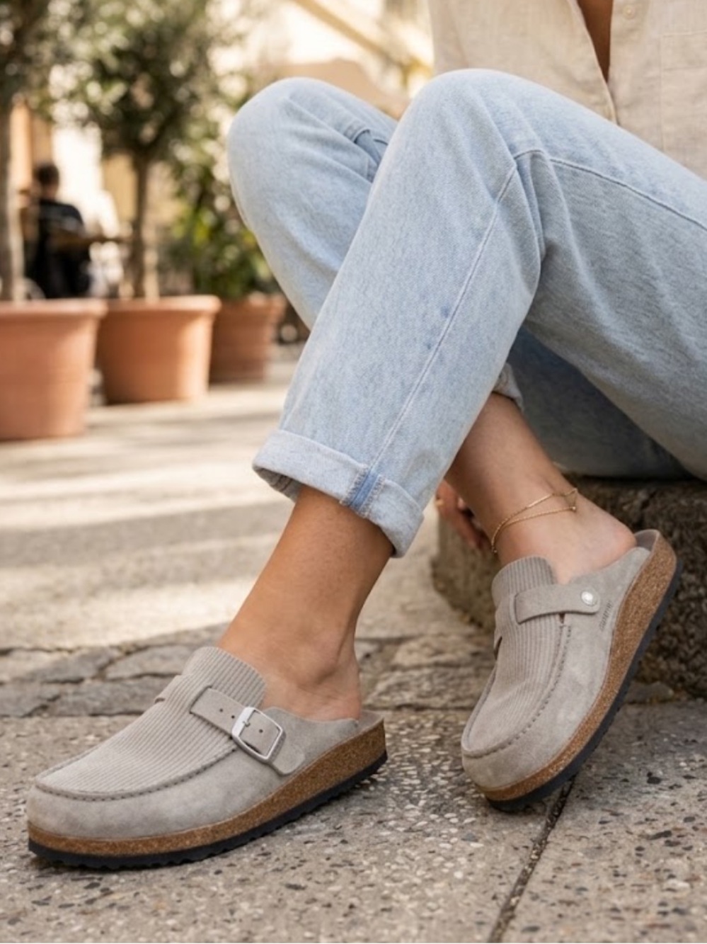 Birkenstock Taupe Suede Slip-On Mule with Buckle